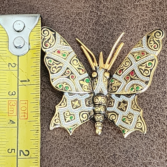 Elegant Vintage Gold and Green Damascene Butterfly Brooch Costume Jewelry - Picture 5 of 5